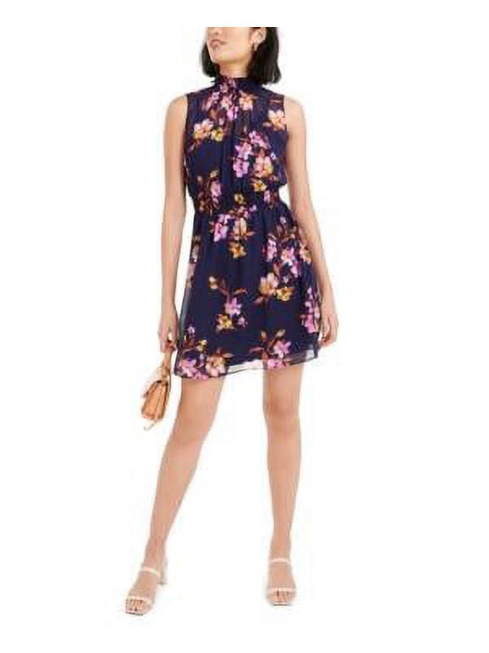 Bar III Navy Floral Smocked Mock Neck Sleeveless Dress XL